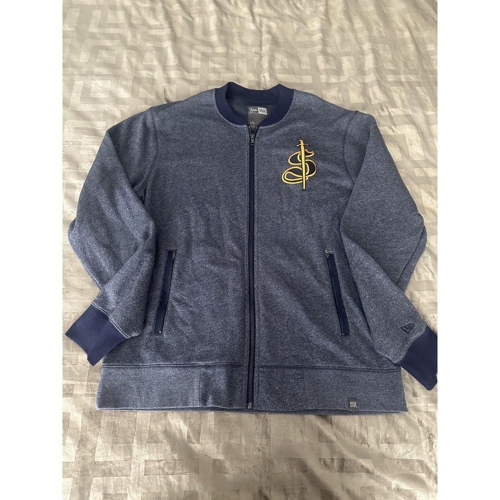 New Era Bomber Jacket Mens XL Blue Heather Full Zip Sword‎ S Logo NEA503